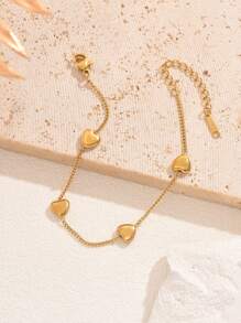 1pc Gold-Tone Stainless Steel Heart Charm Bracelet, Fashionable, Versatile, Suitable For Casual, Work, Street, Party, Holiday Wear (OPP Bag Packaging Box For Shooting Only) - Yellow Gold - View 1