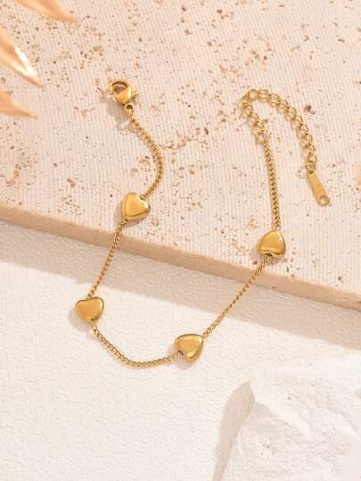 1pc Gold-Tone Stainless Steel Heart Charm Bracelet, Fashionable, Versatile, Suitable For Casual, Work, Street, Party, Holiday Wear (OPP Bag Packaging Box For Shooting Only)