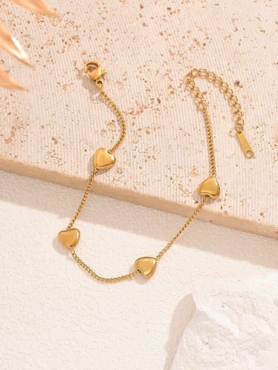 1pc Gold-Tone Stainless Steel Heart Charm Bracelet, Fashionable, Versatile, Suitable For Casual, Work, Street, Party, Holiday Wear (OPP Bag Packaging Box For Shooting Only) - Yellow Gold - View 1