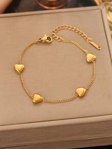 1pc Gold-Tone Stainless Steel Heart Charm Bracelet, Fashionable, Versatile, Suitable For Casual, Work, Street, Party, Holiday Wear (OPP Bag Packaging Box For Shooting Only) - Yellow Gold - View 2