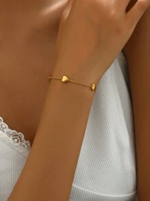 1pc Gold-Tone Stainless Steel Heart Charm Bracelet, Fashionable, Versatile, Suitable For Casual, Work, Street, Party, Holiday Wear (OPP Bag Packaging Box For Shooting Only) - Yellow Gold - View 3
