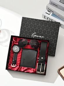 男士手錶禮品套裝，包括皮帶、休閒皮革錢包、時尚太陽眼鏡，適合父親節、周年紀念、婚禮和教師節等活動，返校禮盒最佳選擇 - 黑色 - 查看 3