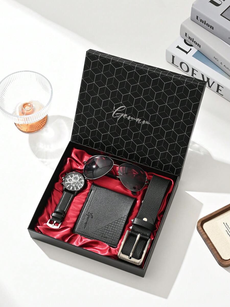 男士手錶禮品套裝，包括皮帶、休閒皮革錢包、時尚太陽眼鏡，適合父親節、周年紀念、婚禮和教師節等活動，返校禮盒最佳選擇 - 黑色 - 查看 1