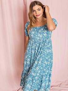 Boho Retro Ditsy Floral Flutter Puff Sleeve Square Neck Tiered Ruffle Tea Midi Length Classic Bridgerton Dress - Màu xanh lam - Xem 7