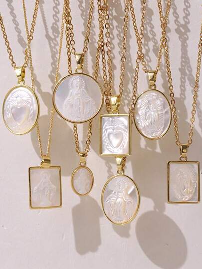 1pc Vintage White Shell Virgin Mary Pendant Necklace Geometric Cross Jesus Necklaces Charm Jewelry Gift For Women