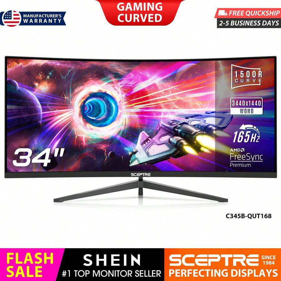 34" Böjd Ultrawide Gaming Monitor 3440x1440 1500R 165Hz AMD FreeSync Premium DisplayPort 1ms maskinsvart (C345B-QUT168-serien) - Svart - Visa 1