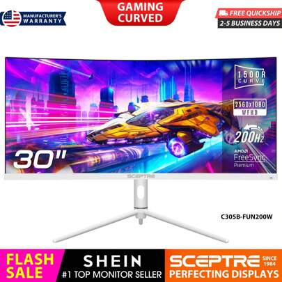 30" Curved Gaming Monitor White Ultrawide 2560x1080 200Hz DisplayPort HDMI 1ms AMD FreeSync Premium PBP/PIP Built-In Speakers (C305B-FUN200W Series)