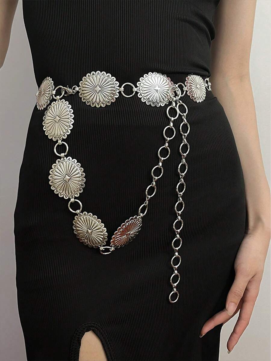 Kim loại cổ điển hình bầu dục có khóa trang trí dây chuyền thắt lưng, dây thắt lưng cho trang phục thường ngày của phụ nữ, thích hợp cho trang phục - Bạc - Xem 1