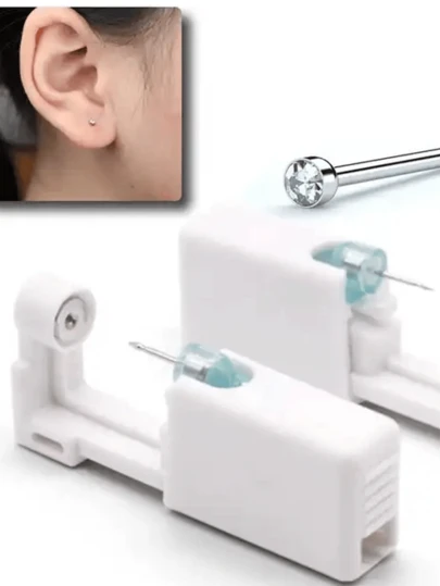 KIT 2 BRINCOS EM ACO CIRURGICO E 2 FERRAMENTAS DESCARTAVEIS AUXILIO PERFURACAO ORELHA NARIZ PIERCING FURADOR PERFURADOR APLICADOR