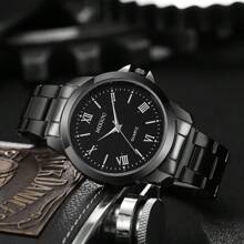 1 pieza Reloj de cuarzo de moda empresarial para hombre con correa de acero inoxidable, con números romanos, simple y elegante, adecuado para uso diario o como regalo