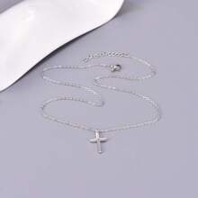 1pc Silver Minimalist Style Cross Pendant Men's Necklace, Daily Fashion Collarbone Chain Accessory - Silver - View 7