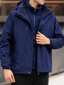 冬季可拆卸保暖内衬防风连帽户外夹克，带多个口袋，保暖，适合徒步旅行和登山