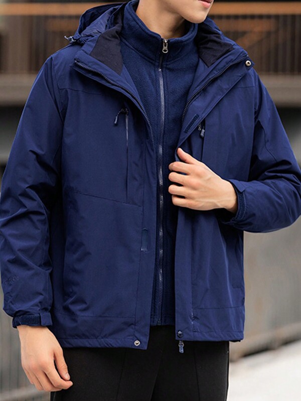 Veste d'extérieur à capuchon résistante au vent avec doublure thermique amovible et poches multiples, chaude et adaptée à la randonnée et à l'alpinisme