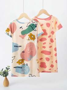 2 件套少女短袖卡通印花休闲连衣裙套装 - 彩色 - 查看 2
