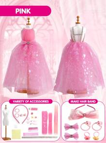 Kit de diseño de moda para niñas, juguete de arte y manualidades con 1 maniquí, conjunto de juguete de arte y manualidades creativo DIY, kit de costura para la confección de ropa de muñeca para niños. - Multicolor - Ver 12