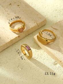 Onelike 3 件不锈钢金黄色，时尚，一枚戒指镶嵌粉红色宝石，一枚戒指镶嵌粉红色锆石套装，适合日常佩戴或送礼 - 金黃色 - 查看 3