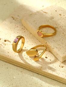 Onelike 3 件不锈钢金黄色，时尚，一枚戒指镶嵌粉红色宝石，一枚戒指镶嵌粉红色锆石套装，适合日常佩戴或送礼 - 金黃色 - 查看 2