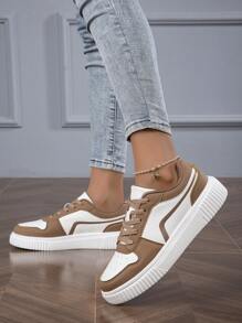 女士休闲时尚低帮平底系带透气拼接运动鞋，轻便舒适滑板鞋，百搭女士鞋 - 棕色 - 查看 3