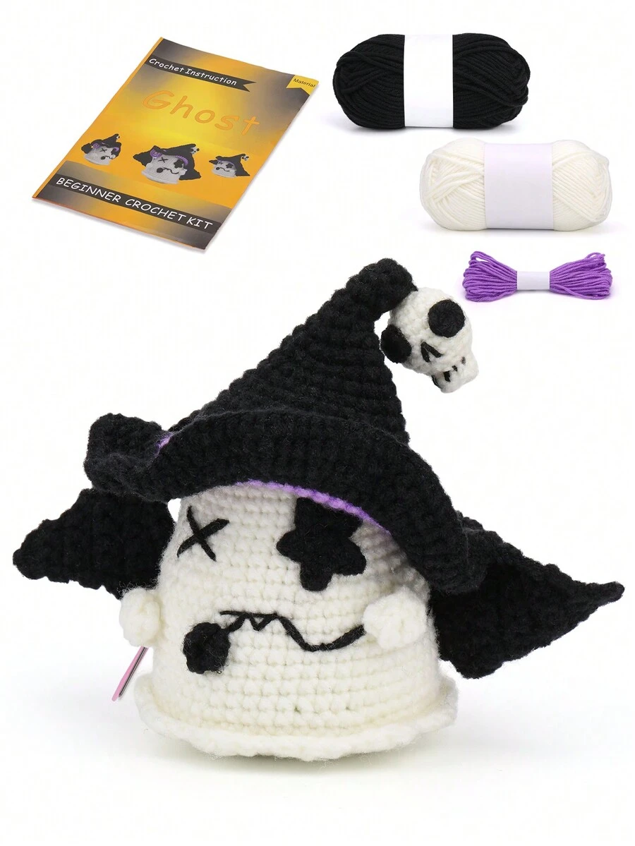 1 套万圣节白色幽灵钩针材料套件，手工纱线编织 DIY，圣诞装饰，送给家人和朋友的礼物，附有说明和教程视频 - 黑與白 - 查看 1