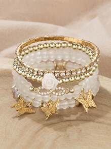 A Set Of Bohemian Multi-Layer Crystal Bead, Butterfly Pendant Colorful Bracelet, Suitable For Summer Beach Vacation, Gift For Friends