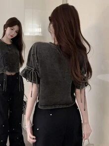 复古女孩春季时尚 T 恤，短袖 - 灰色 - 查看 8