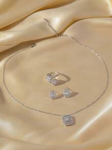 3 件套时尚奢华方晶锆石镶嵌方形首饰套装 - 项链、戒指、耳环，适合女士日常佩戴和约会 - 銀色 - 查看 1