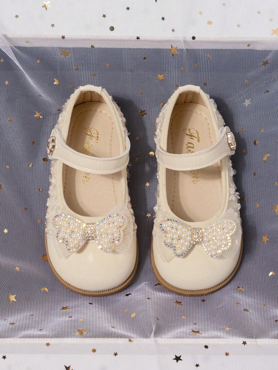 春秋蝴蝶結公主平底鞋，女童皮革軟底鞋 - 米色 - 查看 1