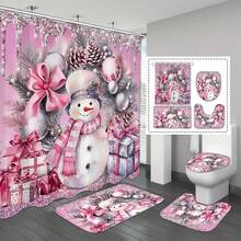 4入組粉紅色聖誕雪人圖案浴室套裝，包括帶有12個掛鉤的防水淋浴簾，防滑浴墊，馬桶U型墊，馬桶蓋和浴室裝飾 - 大雪人和兔子小雪人 - 查看 1