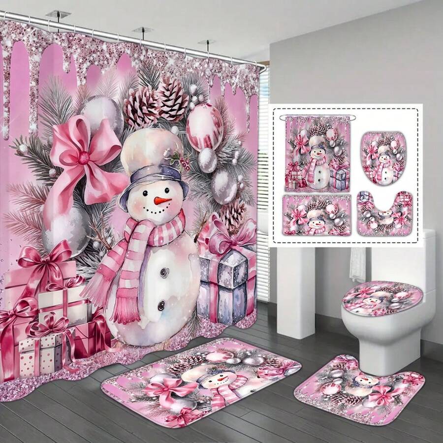 4入組粉紅色聖誕雪人圖案浴室套裝，包括帶有12個掛鉤的防水淋浴簾，防滑浴墊，馬桶U型墊，馬桶蓋和浴室裝飾 - 大雪人和兔子小雪人 - 查看 1