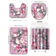 4入組粉紅色聖誕雪人圖案浴室套裝，包括帶有12個掛鉤的防水淋浴簾，防滑浴墊，馬桶U型墊，馬桶蓋和浴室裝飾 - 大雪人和兔子小雪人 - 查看 5