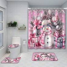 4入組粉紅色聖誕雪人圖案浴室套裝，包括帶有12個掛鉤的防水淋浴簾，防滑浴墊，馬桶U型墊，馬桶蓋和浴室裝飾 - 大雪人和兔子小雪人 - 查看 6