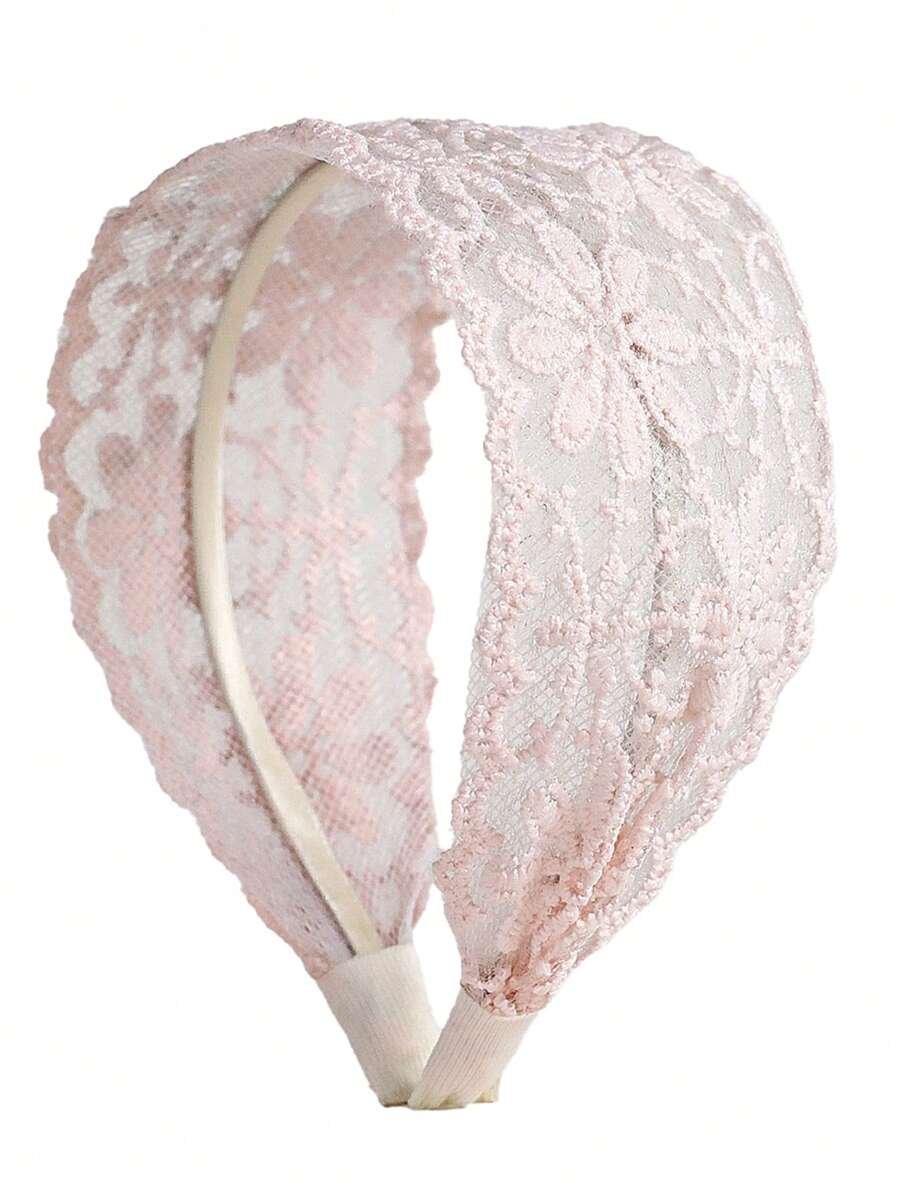 One-Piece Pink Color Flat Wide Light Pink Lace Embroidered Flower Headband Valentine's Day Valentines,Hairband,Hair Hoop Headbands Hair Accessories Head Accessories - Baby Pink - View 1