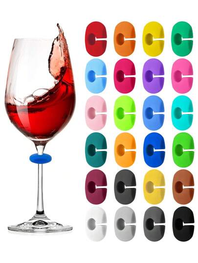 24pcs Wine Glass Charms, Drink Identification Tags, Made Of Silicone, Suitable For Stemware, Multi-Color Drink Labels, Can Be Used On Cups, Beer Bottles, Mugs, Jars, Cocktail Glasses, Applicable For Bar, Wedding, Birthday Party, Valentine's Day And Other Occasions