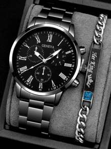 2pcs Fashion Business Gentleman Round Men's Black Steel Strap Quartz Watch, Paired With Chain Zirconia Diamond Bracelet Combination Set, Exquisite Gift Set, Suitable For Festivals, Parties, Business, And Daily Wear