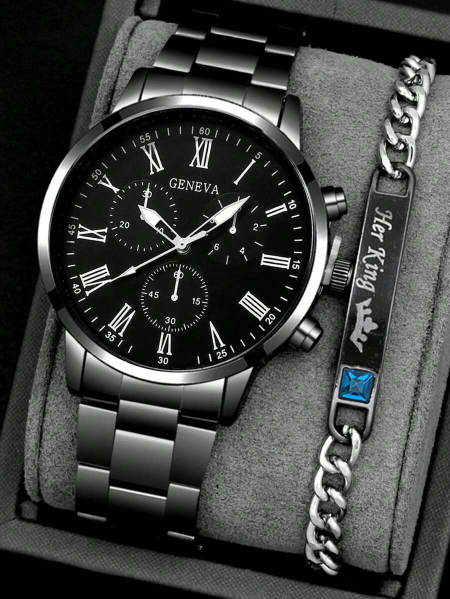 2pcs Fashion Business Gentleman Round Men's Black Steel Strap Quartz Watch, Paired With Chain Zirconia Diamond Bracelet Combination Set, Exquisite Gift Set, Suitable For Festivals, Parties, Business, And Daily Wear