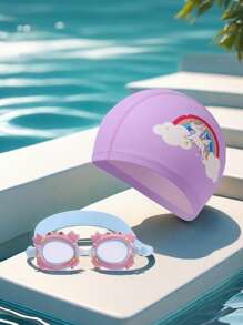 2 Stücke niedliche Cartoon Badekappen und Schwimmbrillen Kombination, hochauflösende verstellbare Silikon Kinder Schwimmbrillen, PU-Material Kinder Badekappen, geeignet für Mädchen Schwimmausrüstung, ideale Wahl für Sommergeschenke für Kinder