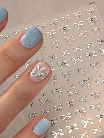1sheet Silver Bowknot Nail Art Stickers Metallic Bowknot Nail Stickers With Studs Adhesive Embossed Nail Art Decals Manicure Decoration