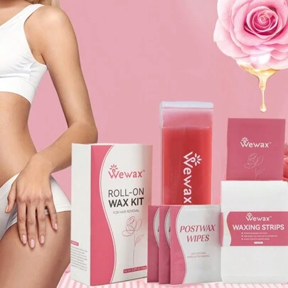 （包括1瓶蠟、15片蠟紙和3片蠟後擦拭片）Wewax蠟滾軸脫毛套裝，玫瑰粉色滾軸蠟，管式脫毛膏，低敏感脫毛套裝，家用脫毛簡單無痛，適用於腋下、胸部、背部、小腿、大腿、手臂、上唇、眉毛和其他身體部位。