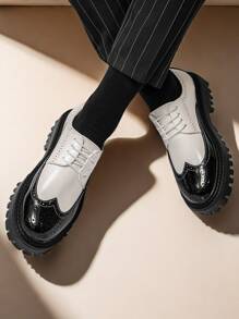 Korean Style Brogue Leather Shoes, Black & White Two Tone Platform Boots For Teenagers