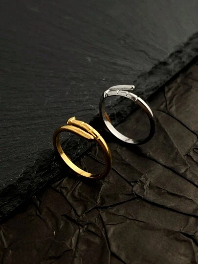 خاتم مفتوح شكل مسمار هندسي فاخر متعدد الأغراض، مطلي بالذهب عيار 18 قيراط من الفولاذ المقاوم للصدأ، مناسب للحفلات والتجمعات الاجتماعية والملابس الكاجوال قطعة واحدة