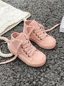White Canvas Shoes, Mid-Top Sneakers For Kids, Spring & Fall, Korean Style, Minimalist Design, Boys & Girls - Pink - View 2