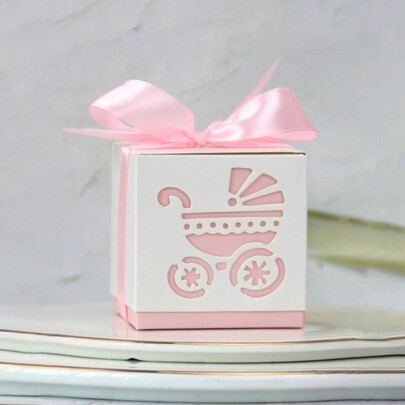 25 pezzi Scatole portaconfetti rosa a forma di carrozza con nastro, misura 2,4 x 2,4 x 2,4 pollici, scatole regalo per festa di genere, compleanno, laurea, vacanza, anniversario, matrimonio, festa, San Valentino