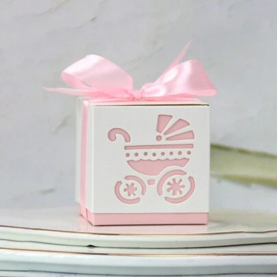 25PCS Pink Carriage Candy Boxes With Ribbon, 2.4 X 2.4 X 2.4 Inch Gift Box For Gender Reveal Birthday Graduation Holiday Anniversary Wedding Party Favor Valentine Day