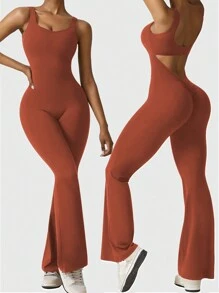 Speed mate 女士无袖瑜伽连体裤，具有提臀效果和露背设计，喇叭裤塑身衣 - 棕色 - 查看 3