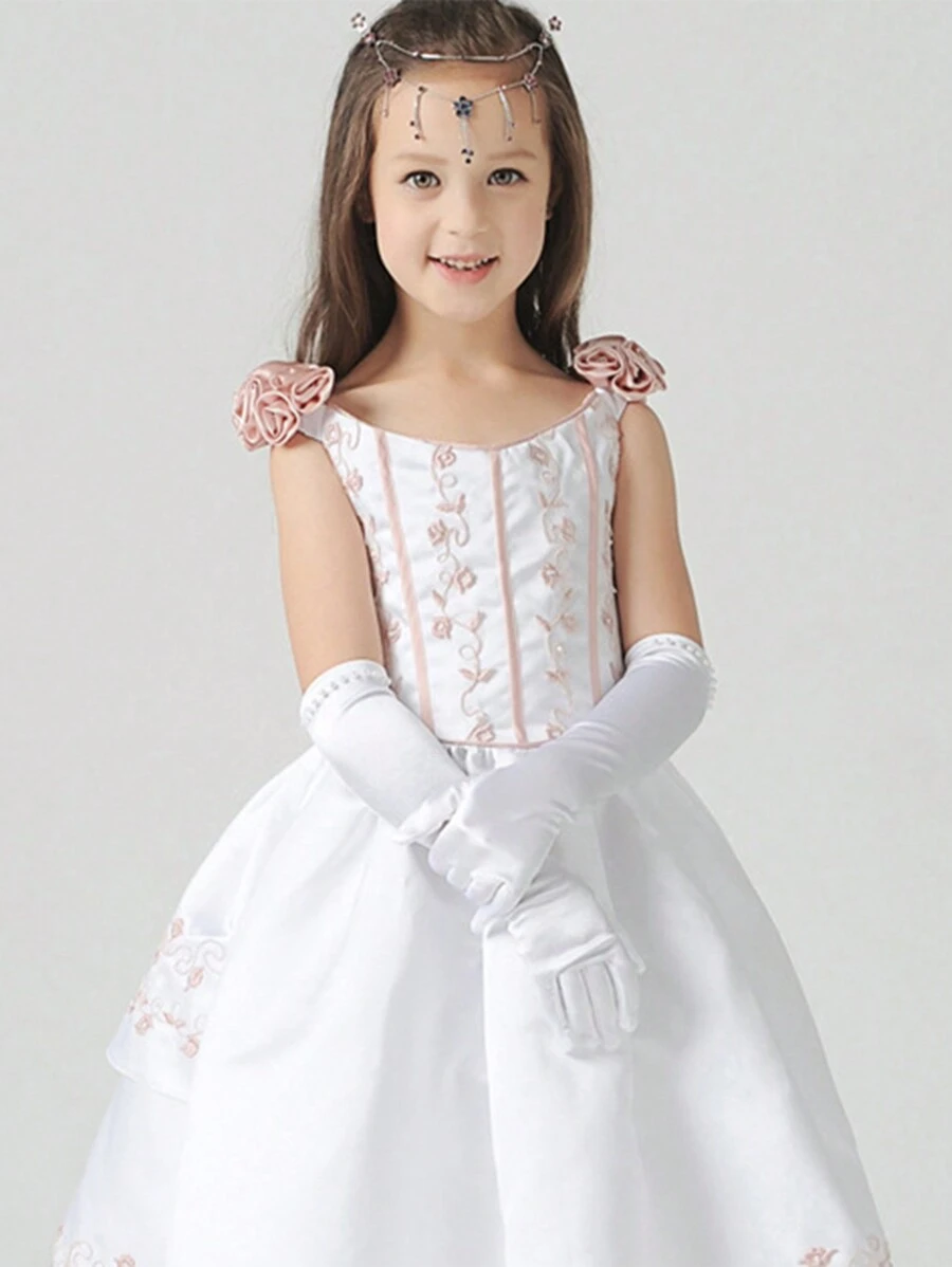 1pair Girls' Long Satin Gloves - White - View 1