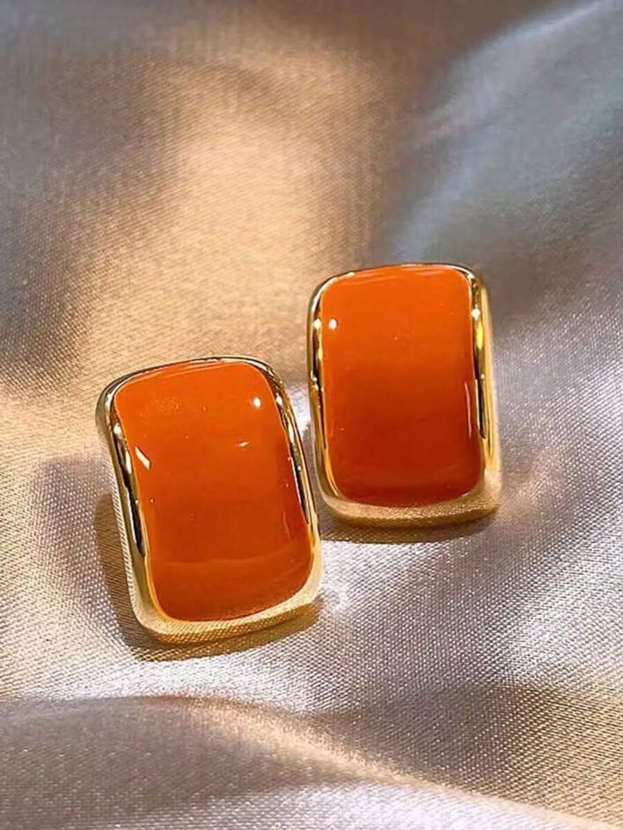 Hegaze 1對女士復古優雅小幾何滴油方形耳環 - 橘色 - 查看 1