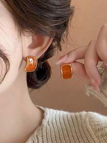 Hegaze 1對女士復古優雅小幾何滴油方形耳環 - 橘色 - 查看 2