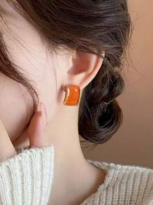 Hegaze 1對女士復古優雅小幾何滴油方形耳環 - 橘色 - 查看 3