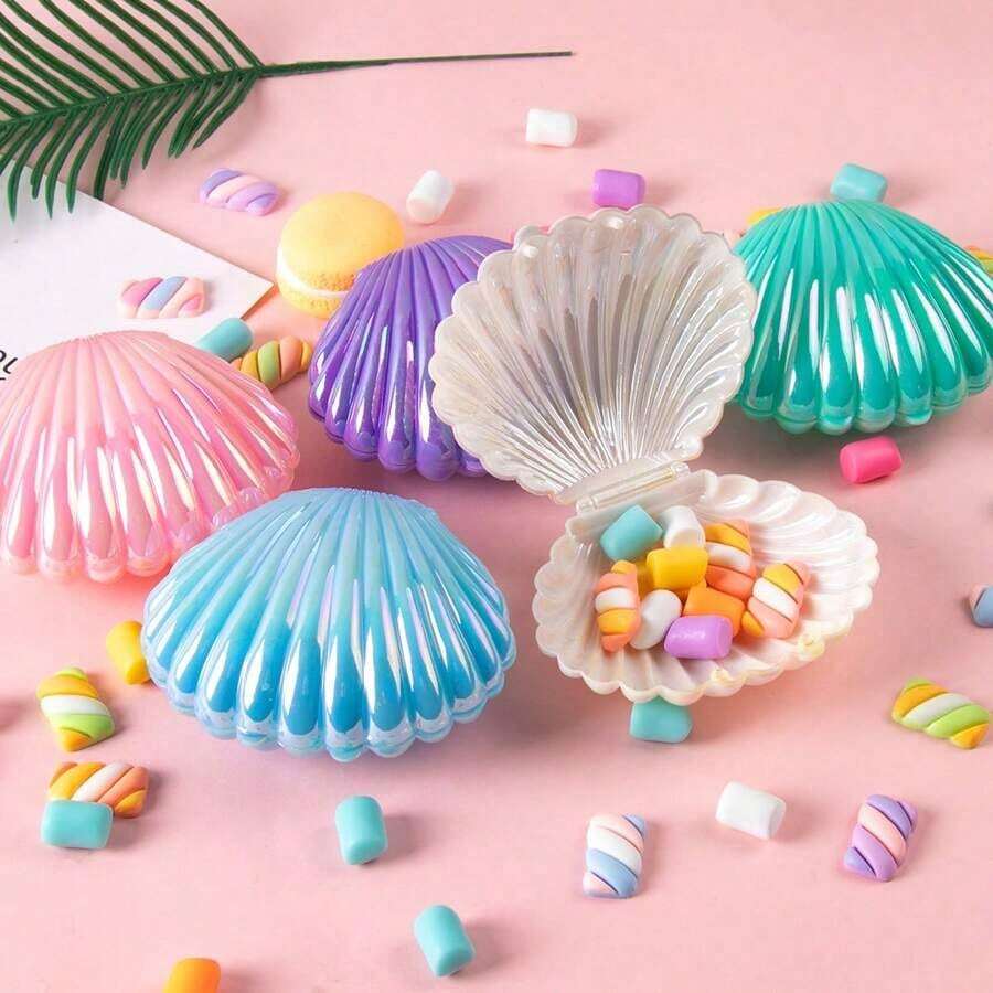1個人魚主題迷你貝殼糖果盒，塑料小海貝禮盒，海洋主題生日會上的糖果盒，珠寶收納盒 - 彩色 - 查看 1