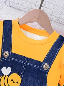 Young Girls' Cute Bee Denim Effect Printed Cap Sleeve Round Neck Casual Dress - Yellow - View 5